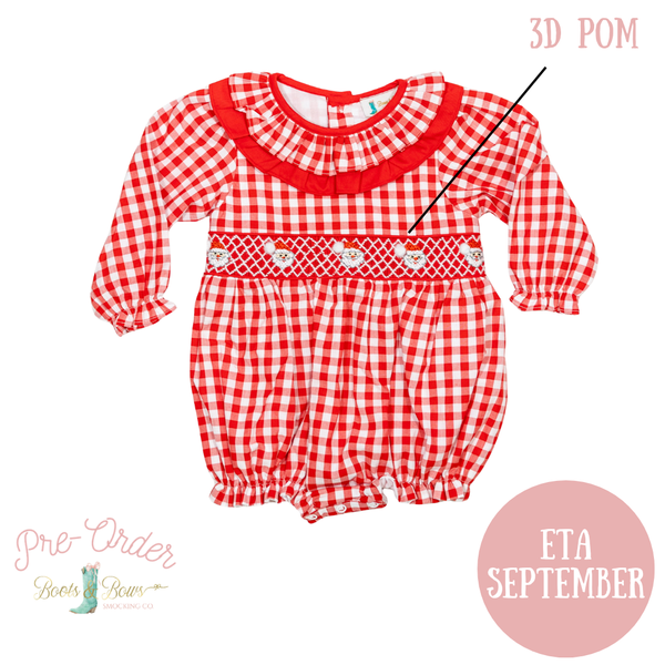 PRE-ORDER: Girls Red Gingham Smocked Santa Bubble (ETA September)