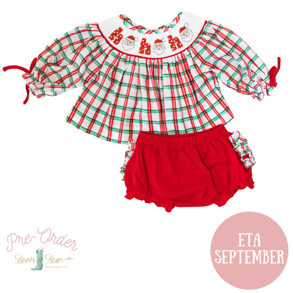 PRE-ORDER: Girls Santa Ho Ho Ho Smocked Diaper Set (ETA September)