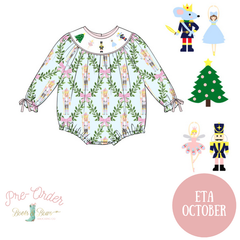 PRE-ORDER: Girls Nutcracker & Bows Smocked Bubble (ETA October)