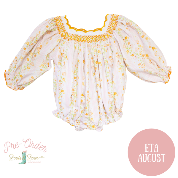 Girls Sweet Pumpkins Scalloped Collar Smocked Bubble
