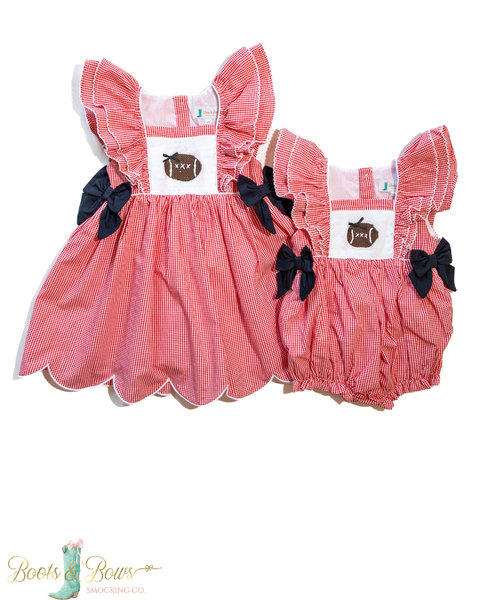 Girls Red Smocked Gameday Football Bubble