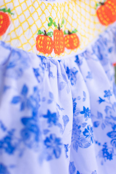 DAMAGED Girls Blue Floral & Smocked Pumpkins Dress - 18M