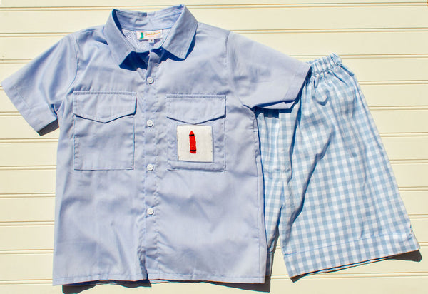 Boys Blue Fishing Shirt with Red Crayon & Blue Gingham Shorts Set