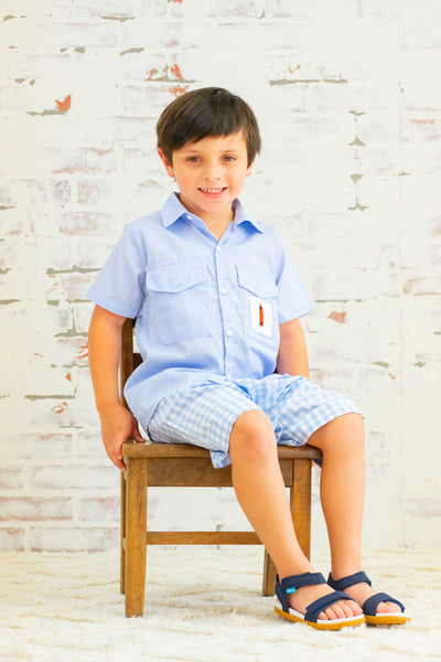 Boys Blue Fishing Shirt with Red Crayon & Blue Gingham Shorts Set