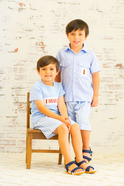 Boys Blue Fishing Shirt with Red Crayon & Blue Gingham Shorts Set